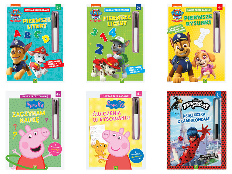 Książeczki z markerami do rysowania: Psi Patrol, Świnka Peppa i Miraculous.